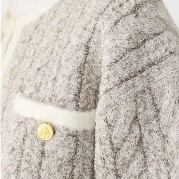 J Crew‎ Cardigan L Grey Cable-knit Sweater Lady Jacket BV344 Gold Buttons Preppy - Picture 9 of 15